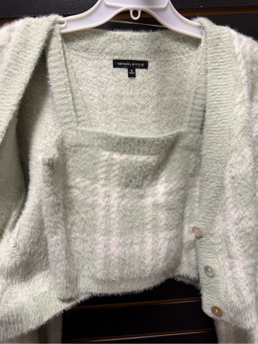Kendall + Kylie 2 Piece Fuzzy Cardigan & Cami Set Mint Green Plaid Small
